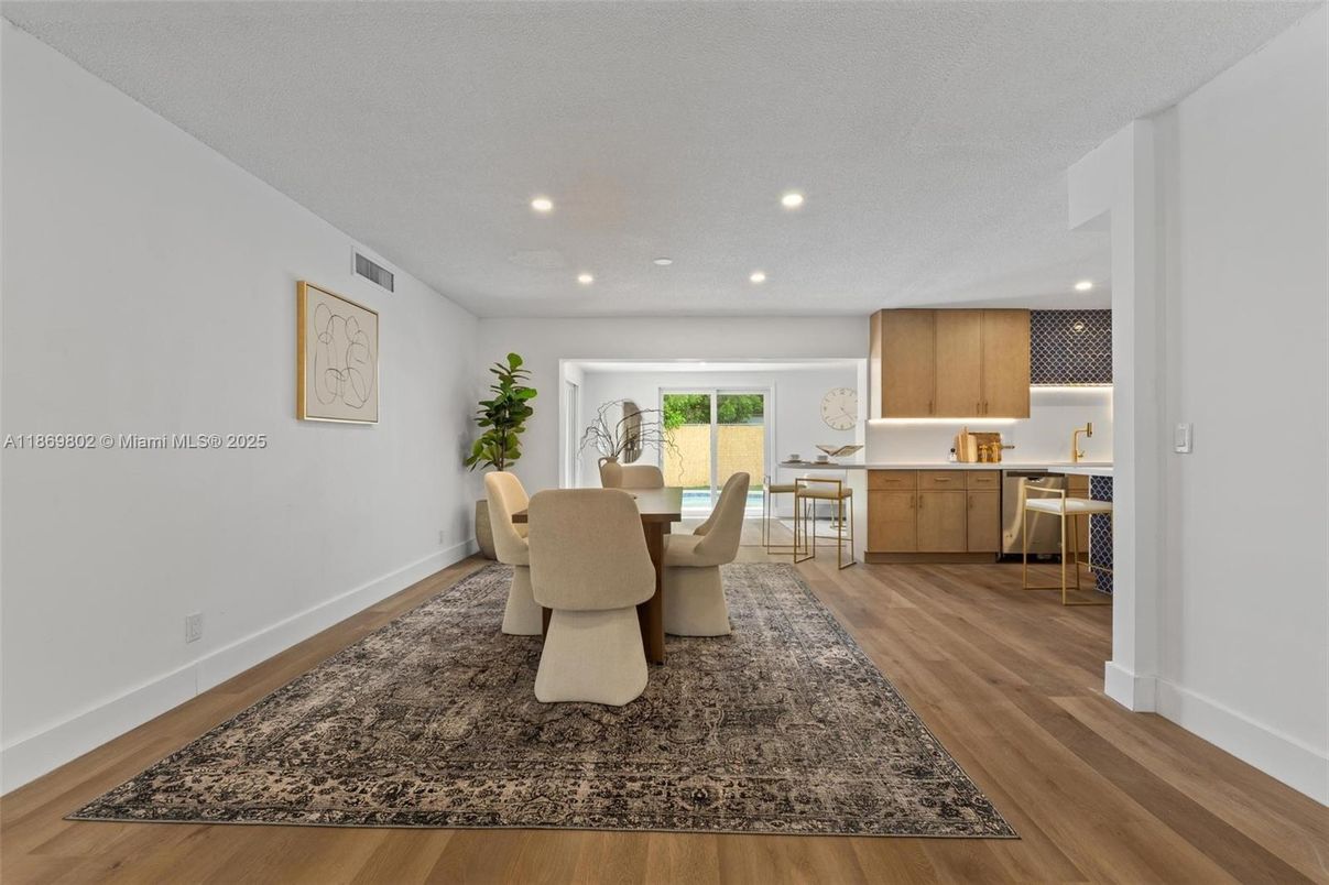 Dining room, Interior, Recessed Lighting, Wood Texture Flooring