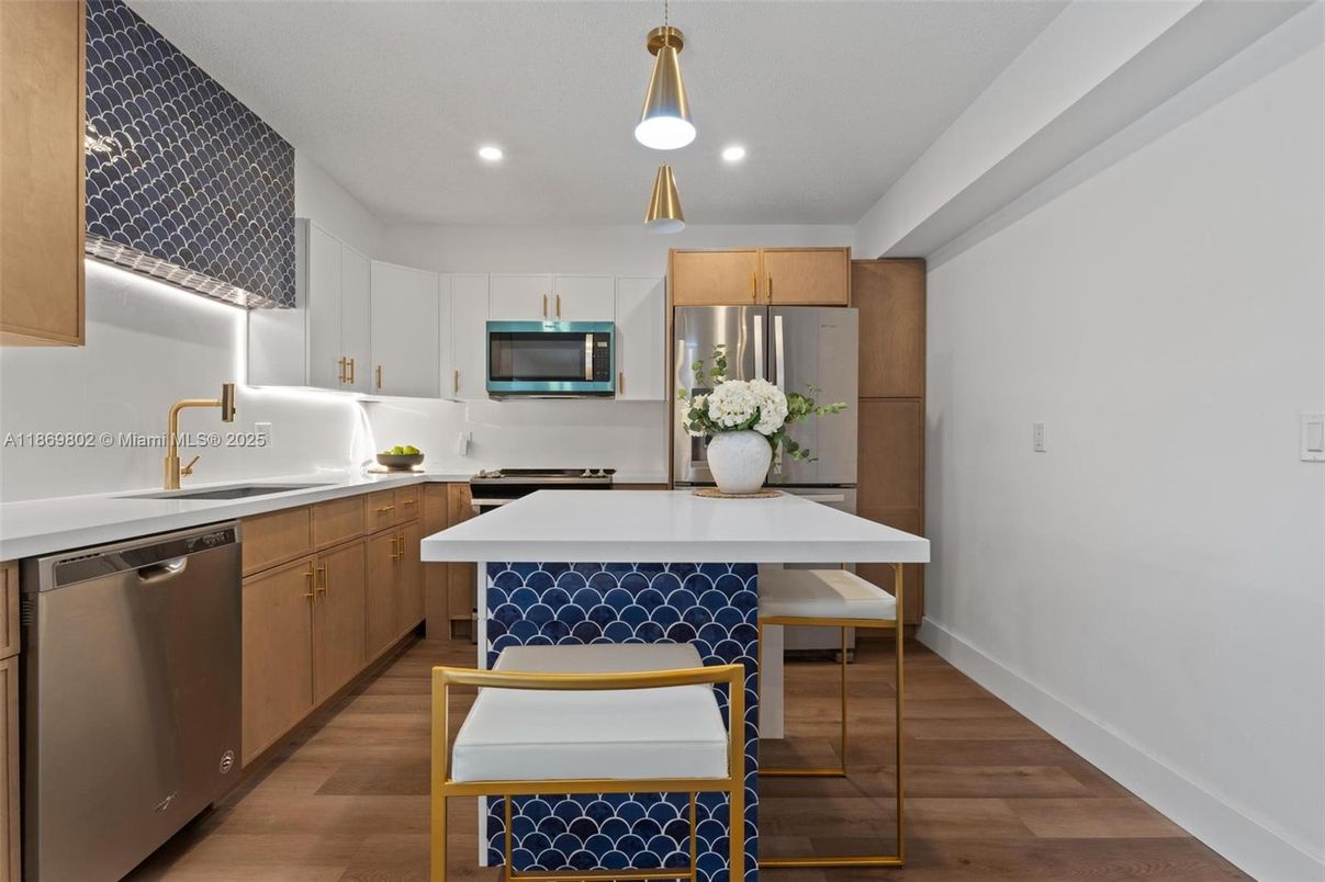 Interior, Kitchen, Pendant Lights, Recessed Lighting, Stainless Steel Appliances, Wood Texture Flooring