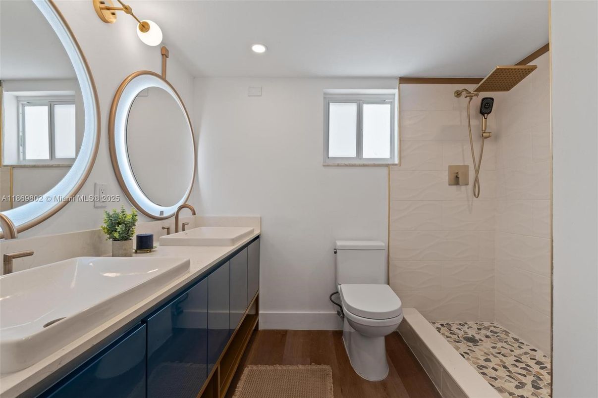 Bathroom, Glass Shower, Interior, Recessed Lighting, Wood Texture Flooring