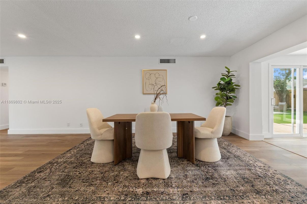 Dining room, Interior, Recessed Lighting, Wood Texture Flooring