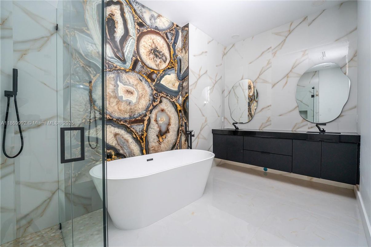 Bathroom, Free Standing Baths, Glass Shower, Interior, Marble Walls