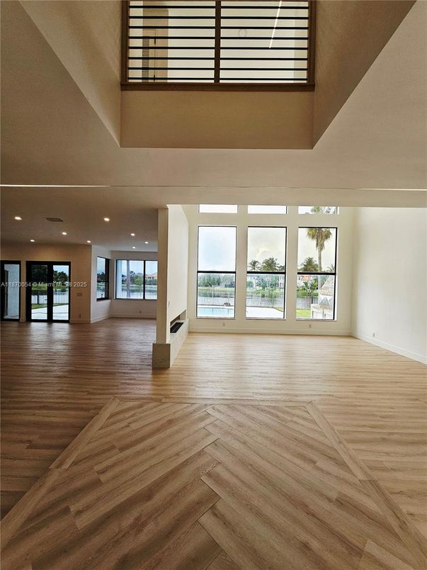 Empty room, Fireplace, Interior, Recessed Lighting, Wood Texture Flooring