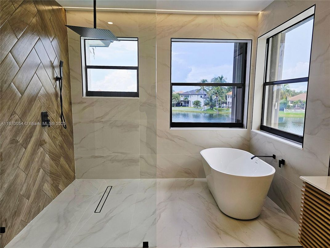 Bathroom, Free Standing Baths, Interior, Marble, Marble Walls, Recessed Lighting