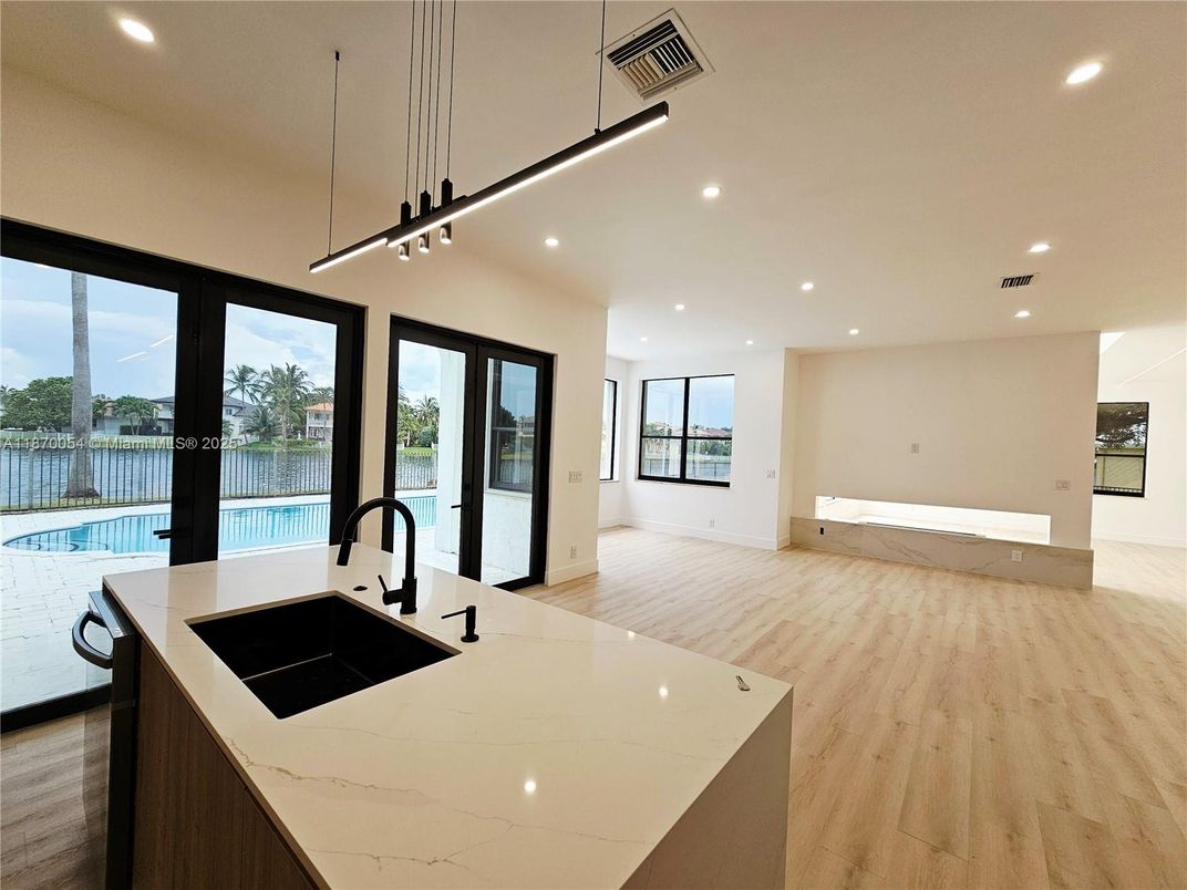 Interior, Kitchen, Pendant Lights, Recessed Lighting, Water, Wood Texture Flooring