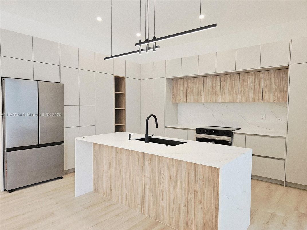 Interior, Kitchen, Marble Walls, Pendant Lights, Recessed Lighting, Wood Texture Flooring
