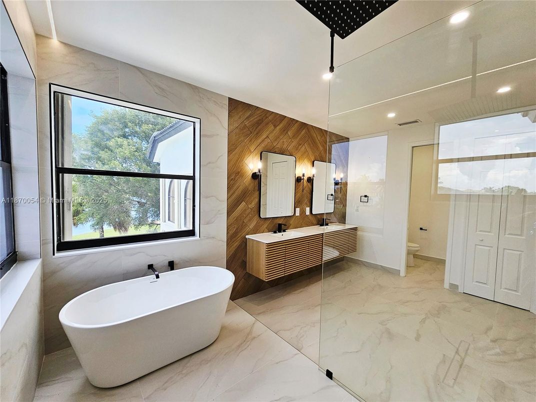 Bathroom, Free Standing Baths, Interior, Marble, Marble Walls, Recessed Lighting, Wooden Walls