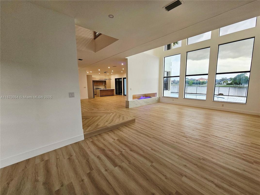 Empty room, Interior, Kitchen, Pendant Lights, Recessed Lighting, Wood Texture Flooring