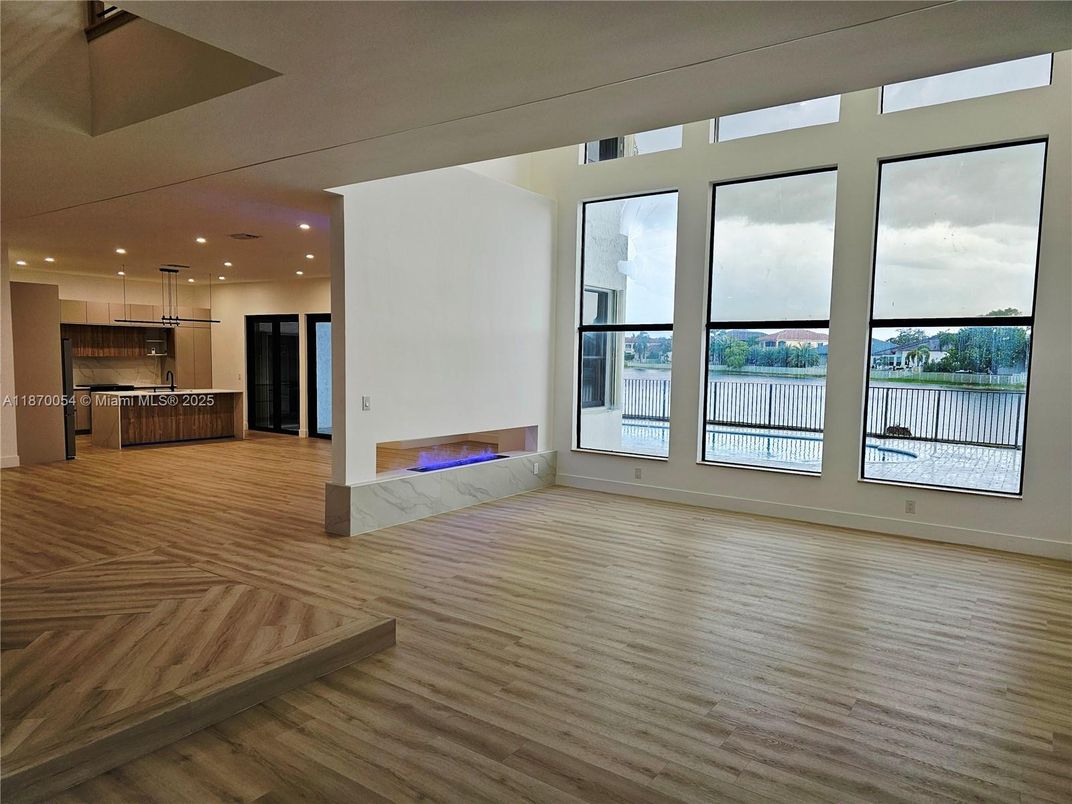 Empty room, Interior, Kitchen, Pendant Lights, Recessed Lighting, Wood Texture Flooring