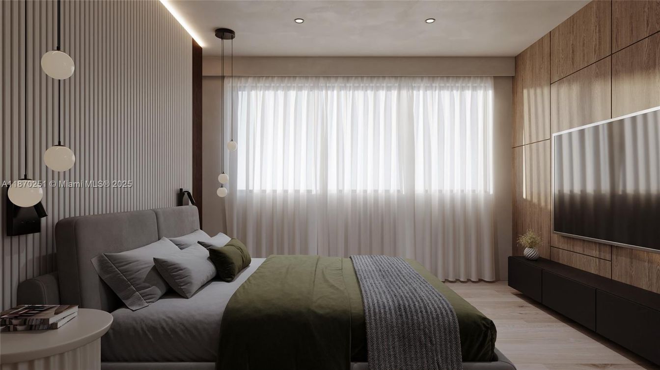 Bedroom, Interior, Pendant Lights, Recessed Lighting, Wood Texture Flooring