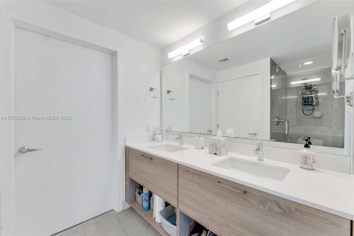 Bathroom, Dual Sink Vanities, Glass Shower, Interior, Marble, Recessed Lighting