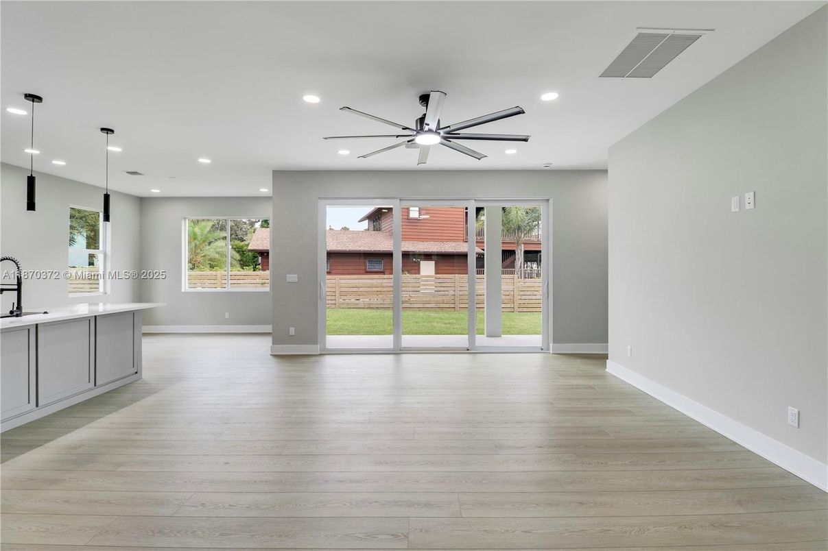 Empty room, Interior, Pendant Lights, Recessed Lighting, Wood Texture Flooring