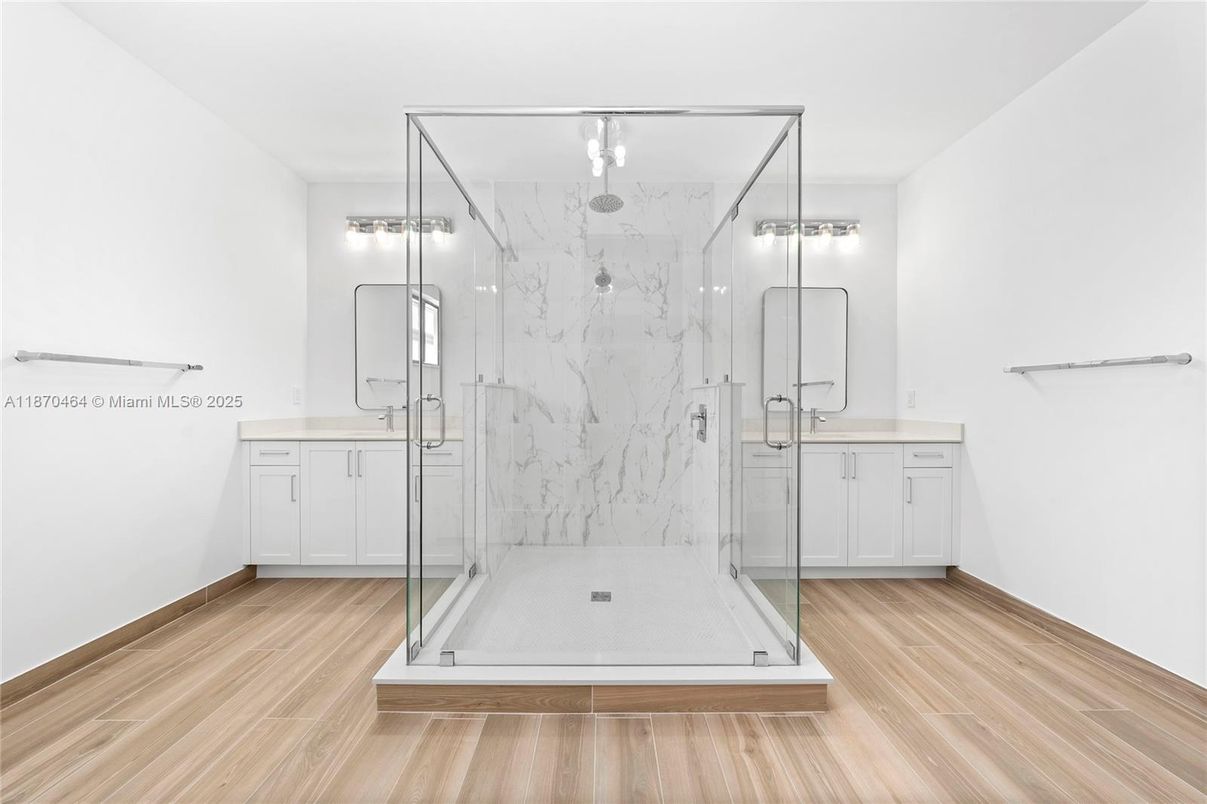 Bathroom, Glass Shower, Interior, Marble Walls, Wood Texture Flooring