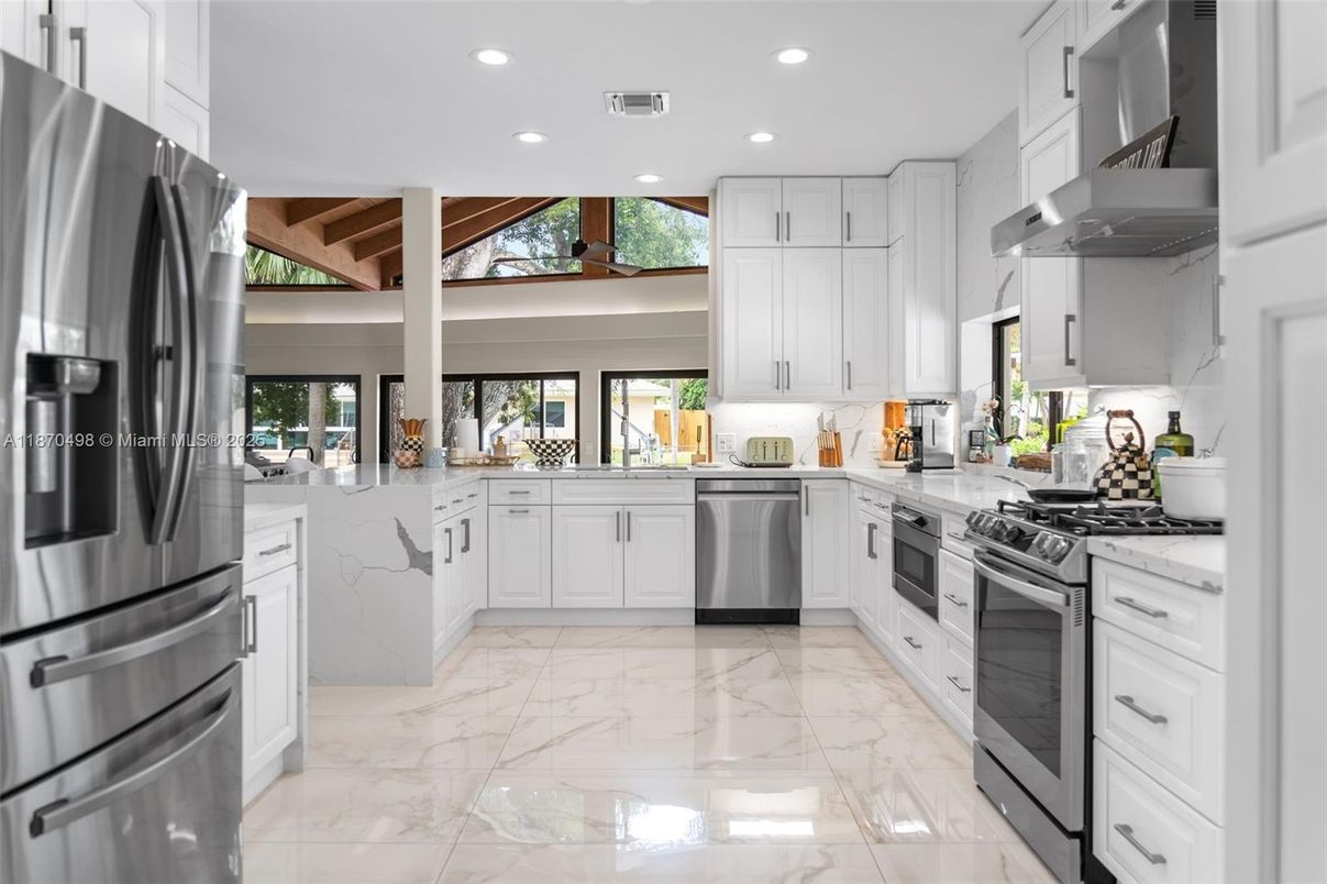 Interior, Kitchen, Marble, Recessed Lighting, Stainless Steel Appliances, Wooden Beams