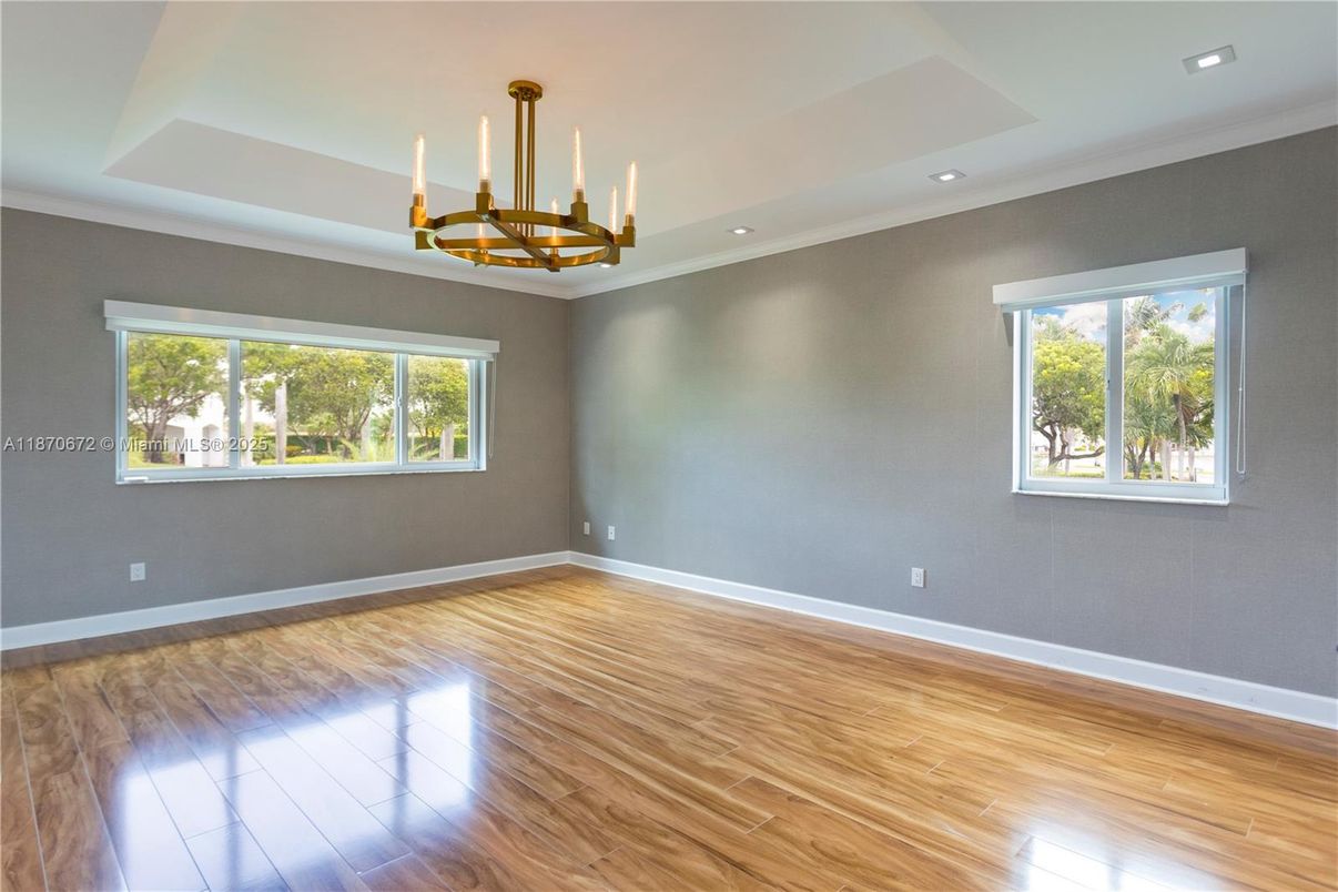 Chandelier, Empty room, Interior, Recessed Lighting, Wood Texture Flooring