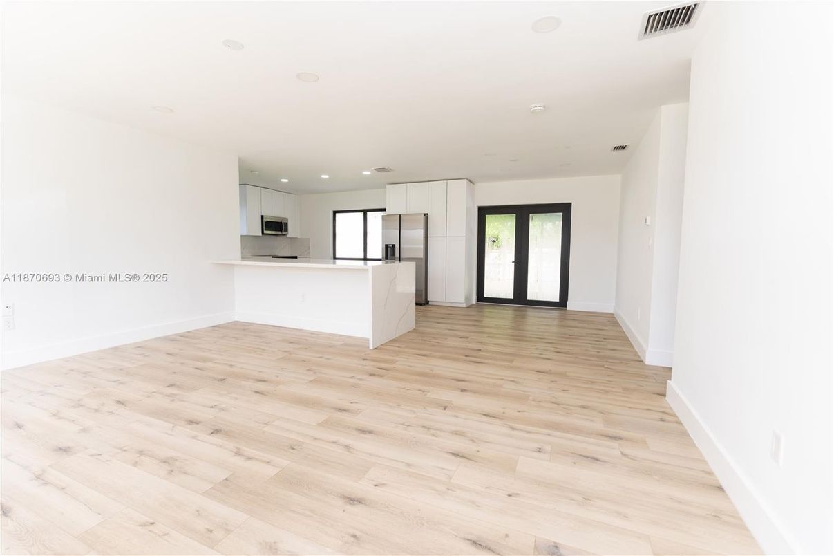 Empty room, Interior, Kitchen, Recessed Lighting, Wood Texture Flooring
