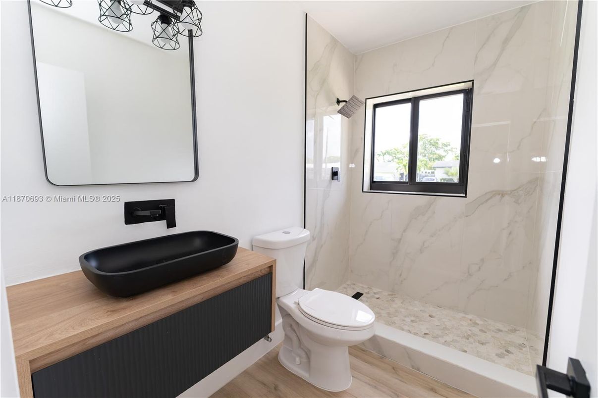 Bathroom, Interior, Marble Walls, Wood Texture Flooring