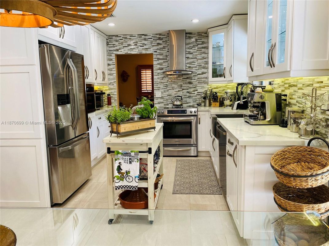 Interior, Kitchen, Recessed Lighting, Stainless Steel Appliances, Stone Walls