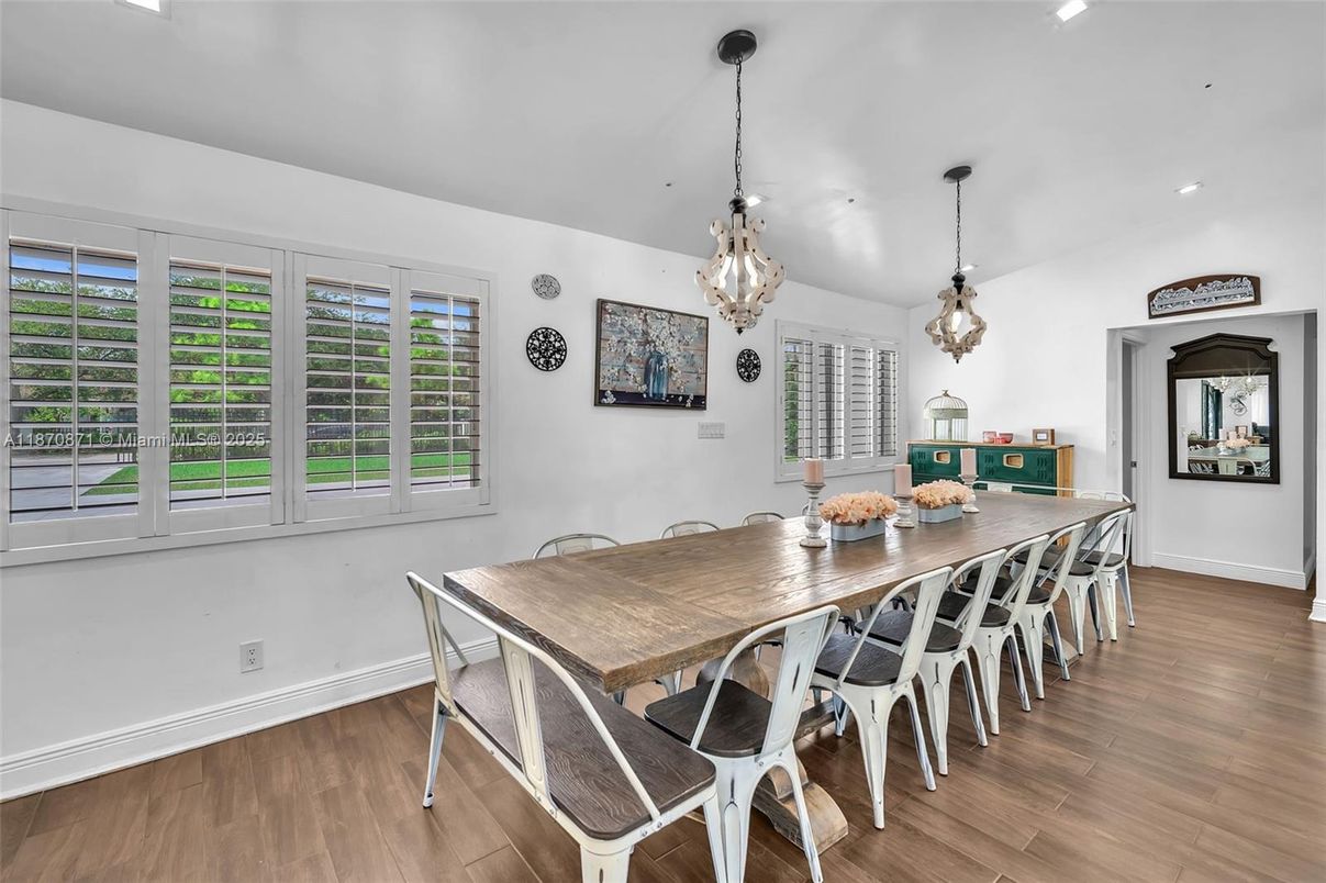 Dining room, Interior, Pendant Lights, Recessed Lighting, Wood Texture Flooring