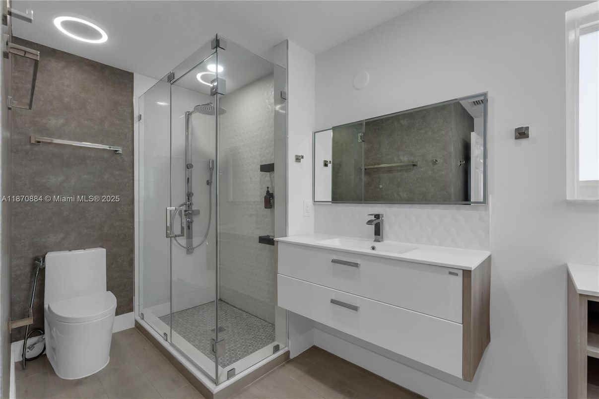 Bathroom, Glass Shower, Interior, Recessed Lighting, Wood Texture Flooring