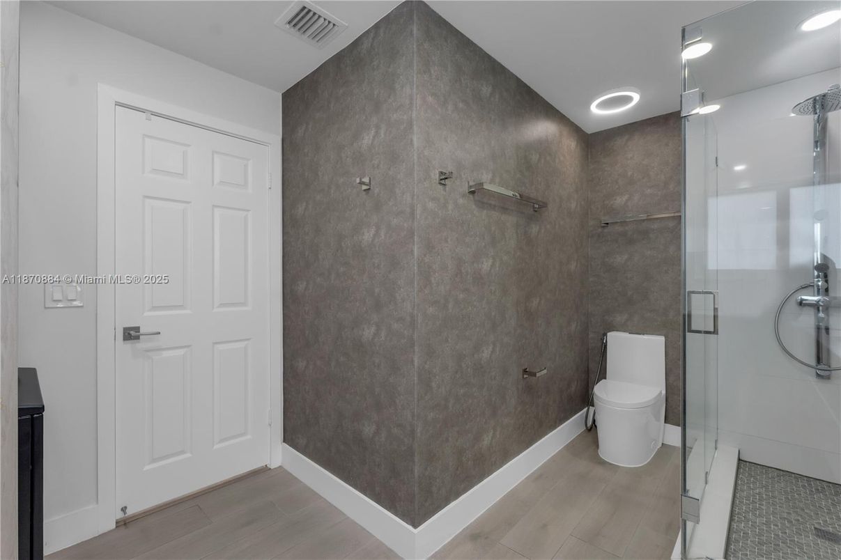Bathroom, Glass Shower, Interior, Recessed Lighting, Wood Texture Flooring