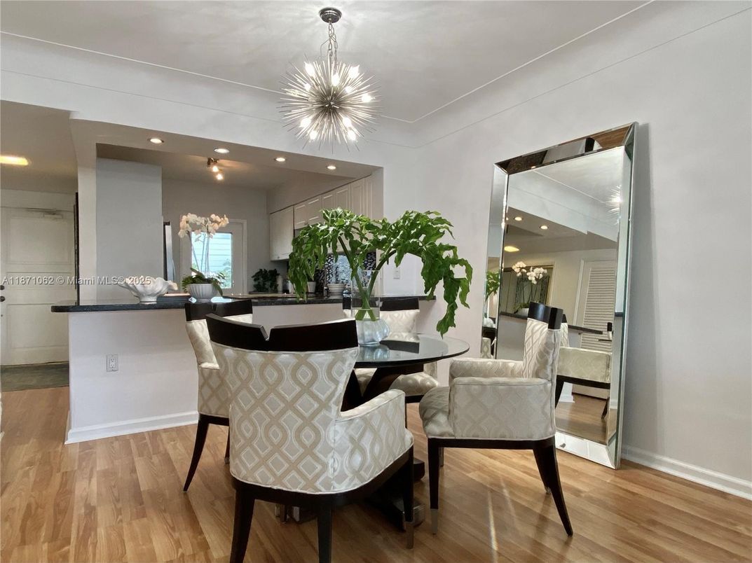 Dining room, Interior, Pendant Lights, Recessed Lighting, Wood Texture Flooring