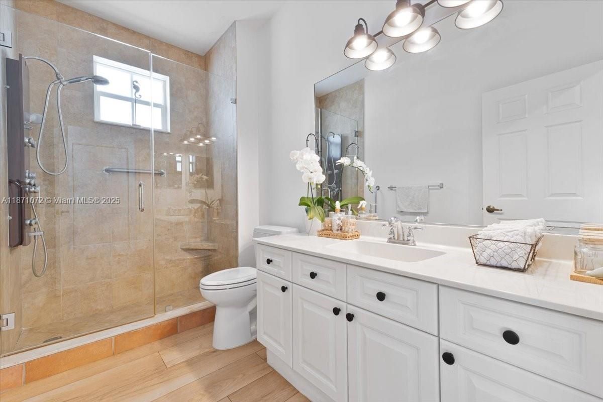 Bathroom, Glass Shower, Interior, Wood Texture Flooring