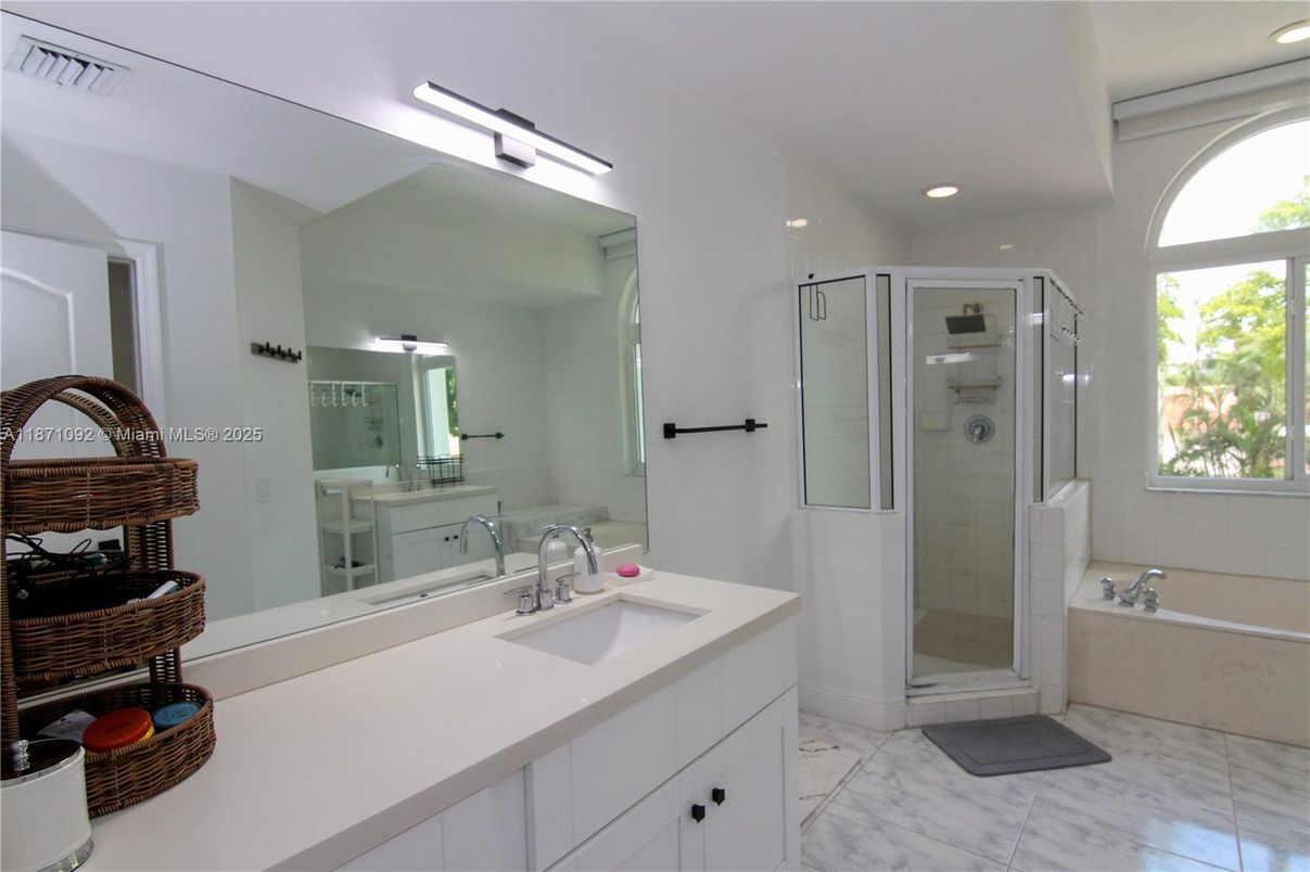 Bathroom, Dual Sink Vanities, Glass Shower, Interior, Marble, Recessed Lighting