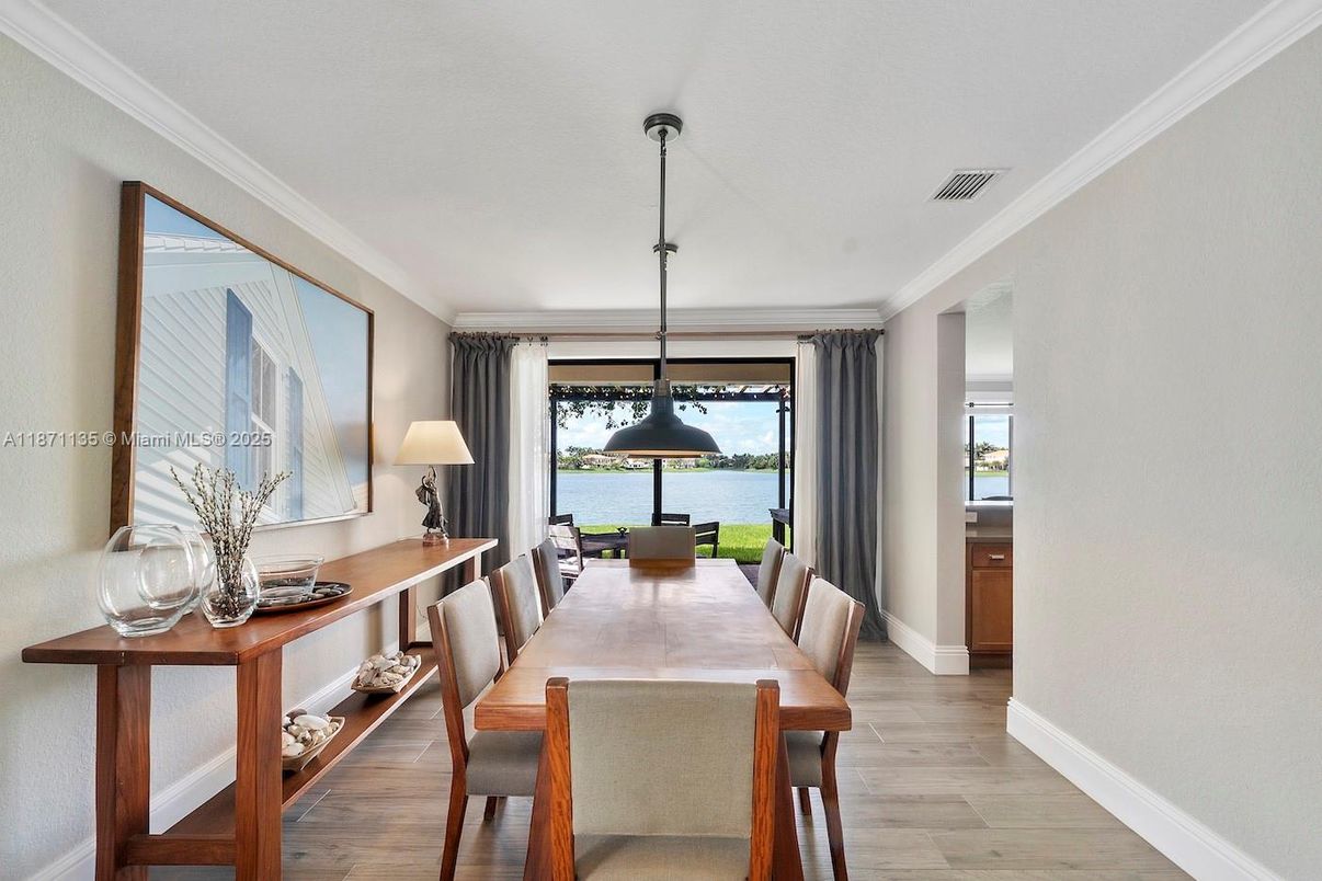 Dining room, Interior, Pendant Lights, Water, Wood Texture Flooring