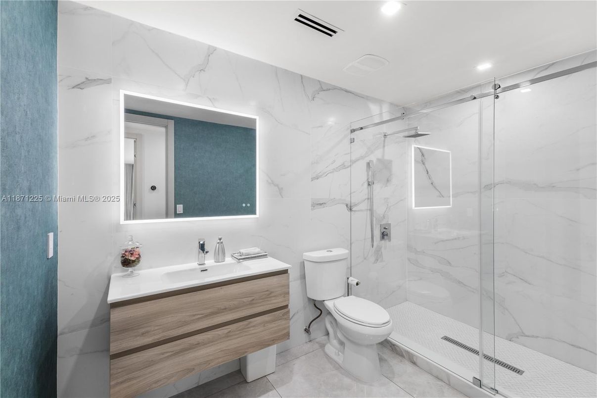 Bathroom, Glass Shower, Interior, Marble Walls, Recessed Lighting