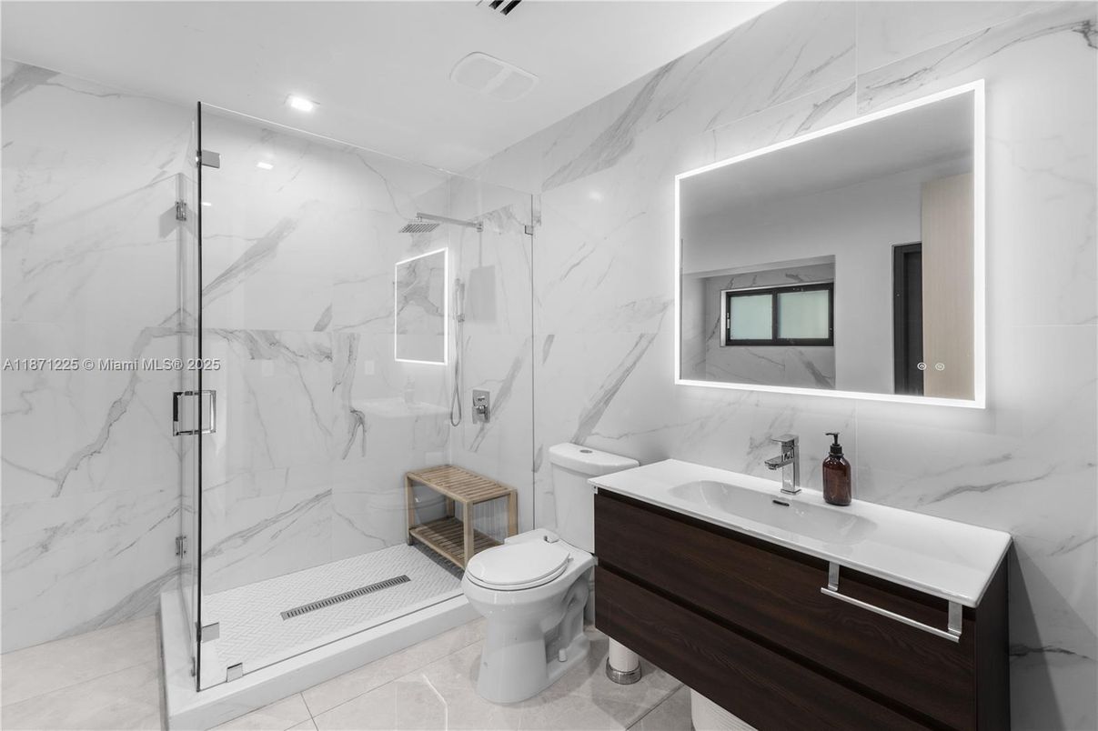 Bathroom, Glass Shower, Interior, Marble Walls, Recessed Lighting