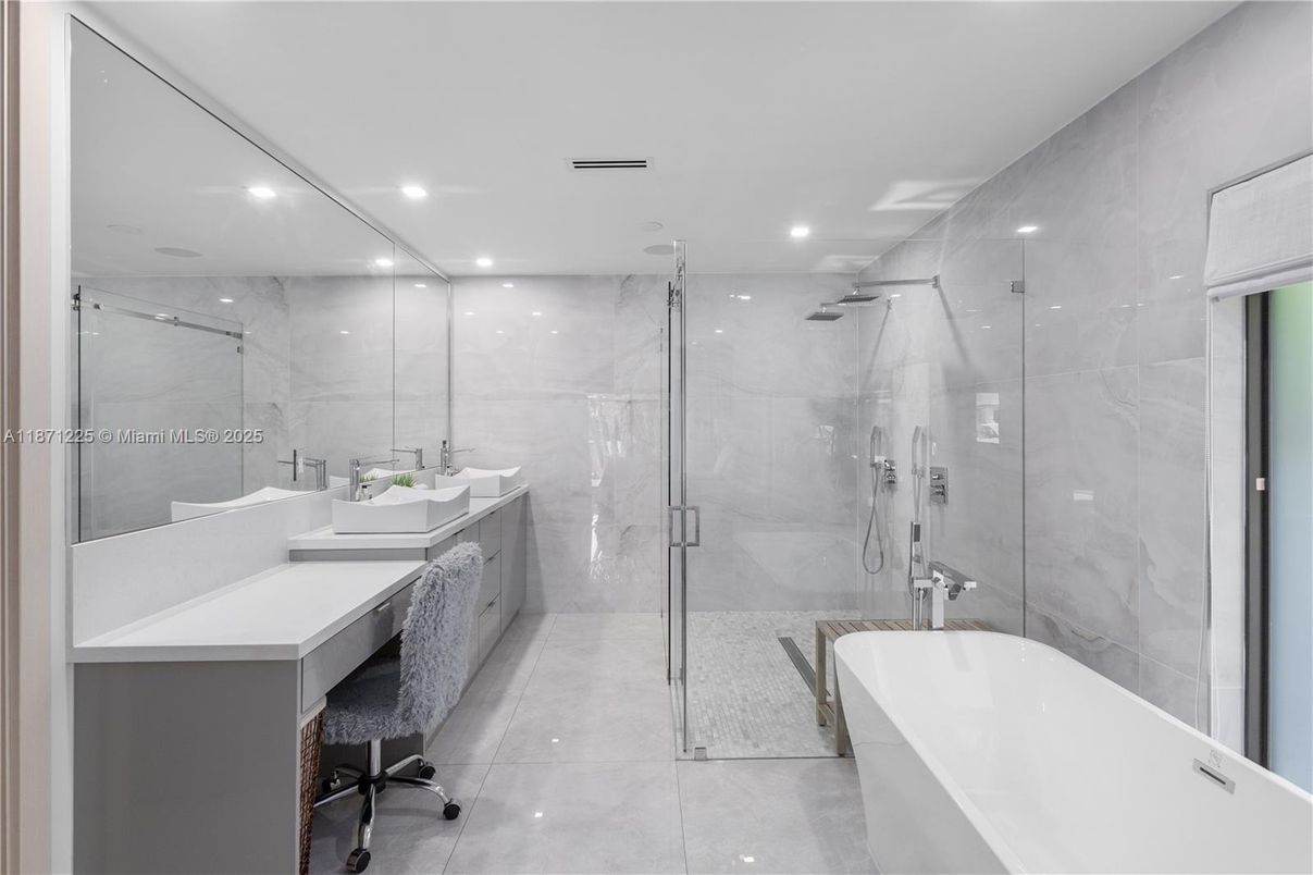 Bathroom, Free Standing Baths, Glass Shower, Interior, Marble Walls, Recessed Lighting
