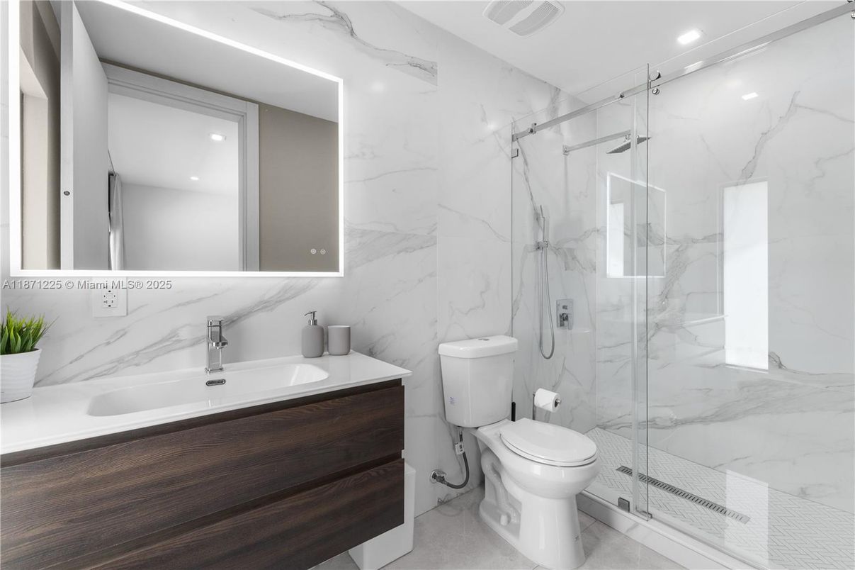 Bathroom, Glass Shower, Interior, Marble Walls, Recessed Lighting