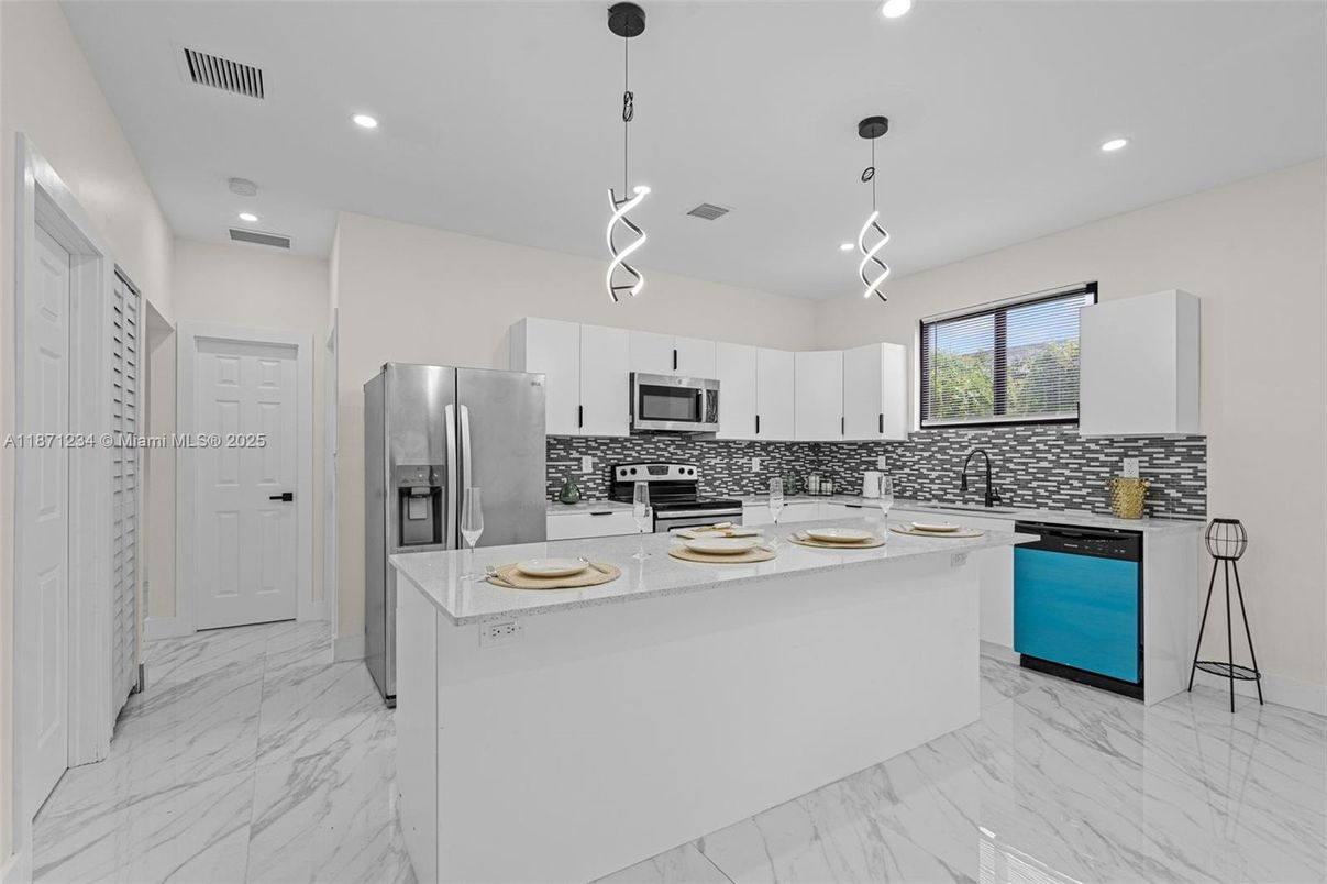 Interior, Kitchen, Marble, Pendant Lights, Recessed Lighting, Stainless Steel Appliances