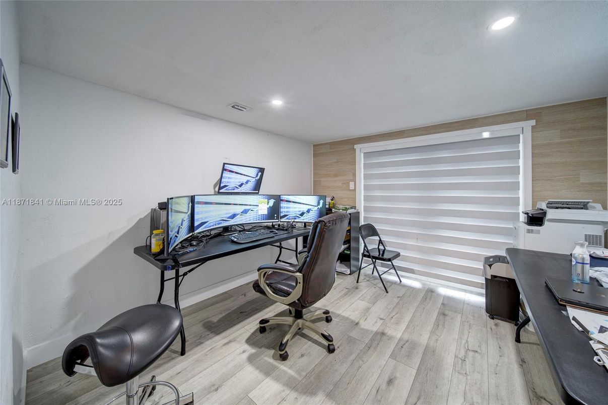 Home Office, Interior, Recessed Lighting, Wood Texture Flooring, Wooden Walls