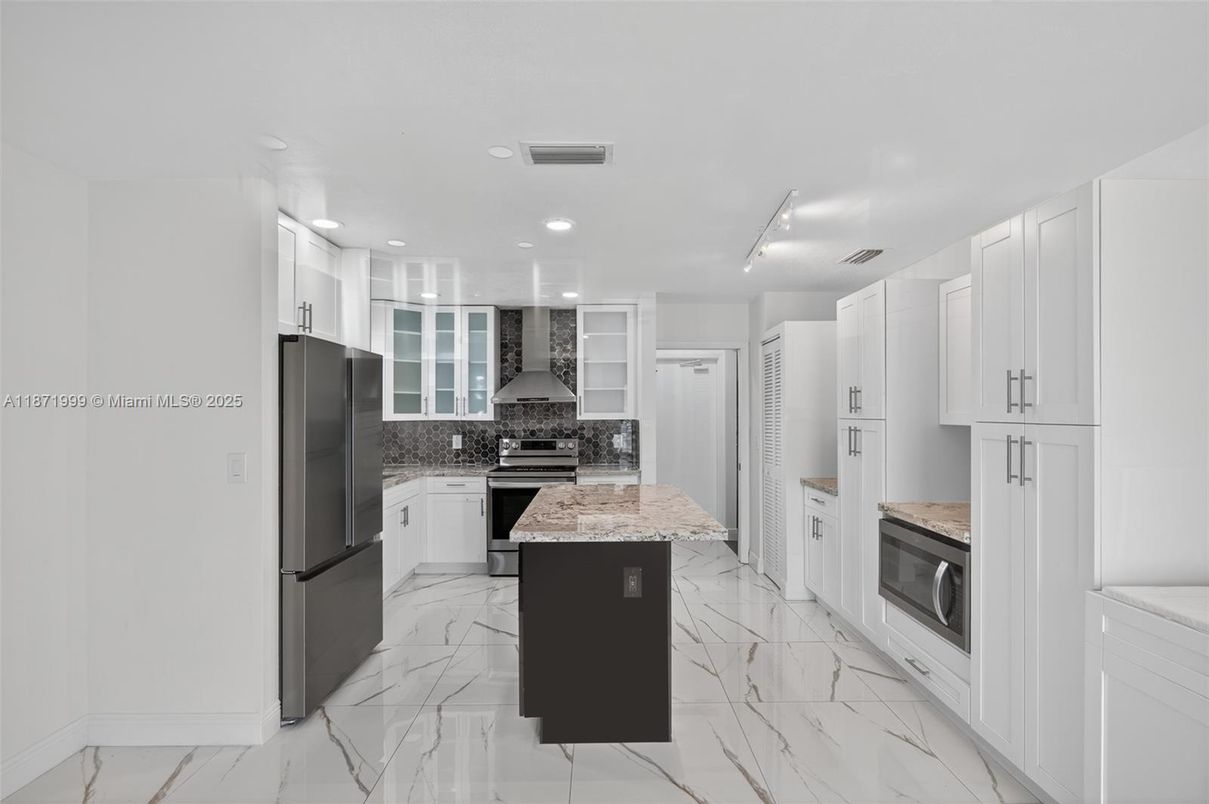 Interior, Kitchen, Marble, Recessed Lighting, Stainless Steel Appliances