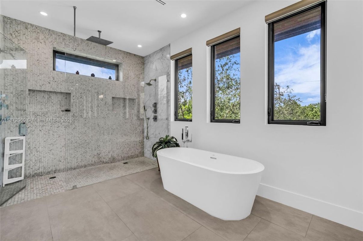 Bathroom, Free Standing Baths, Glass Shower, Interior, Marble Walls, Recessed Lighting