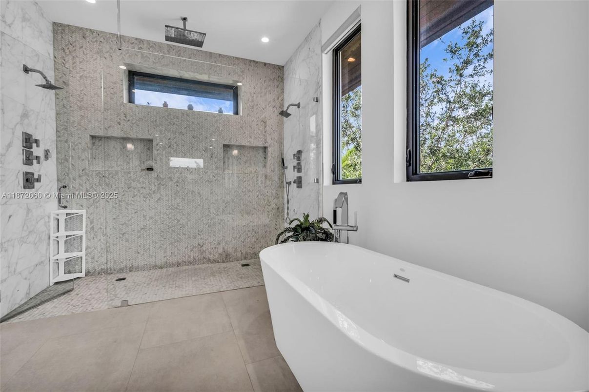Bathroom, Free Standing Baths, Glass Shower, Interior, Marble Walls, Recessed Lighting