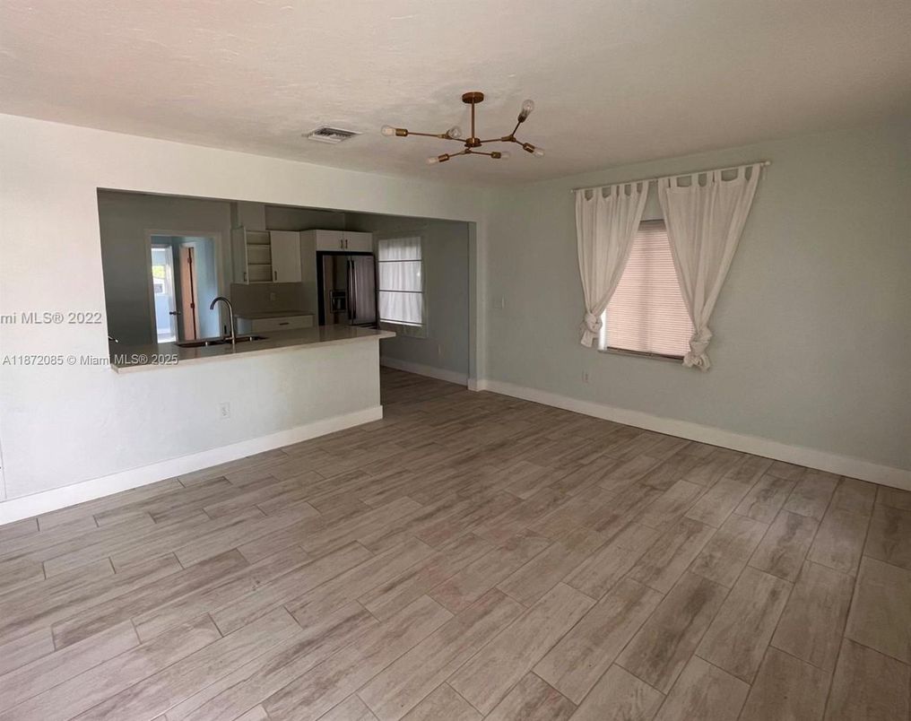 Empty room, Interior, Kitchen, Pendant Lights, Wood Texture Flooring