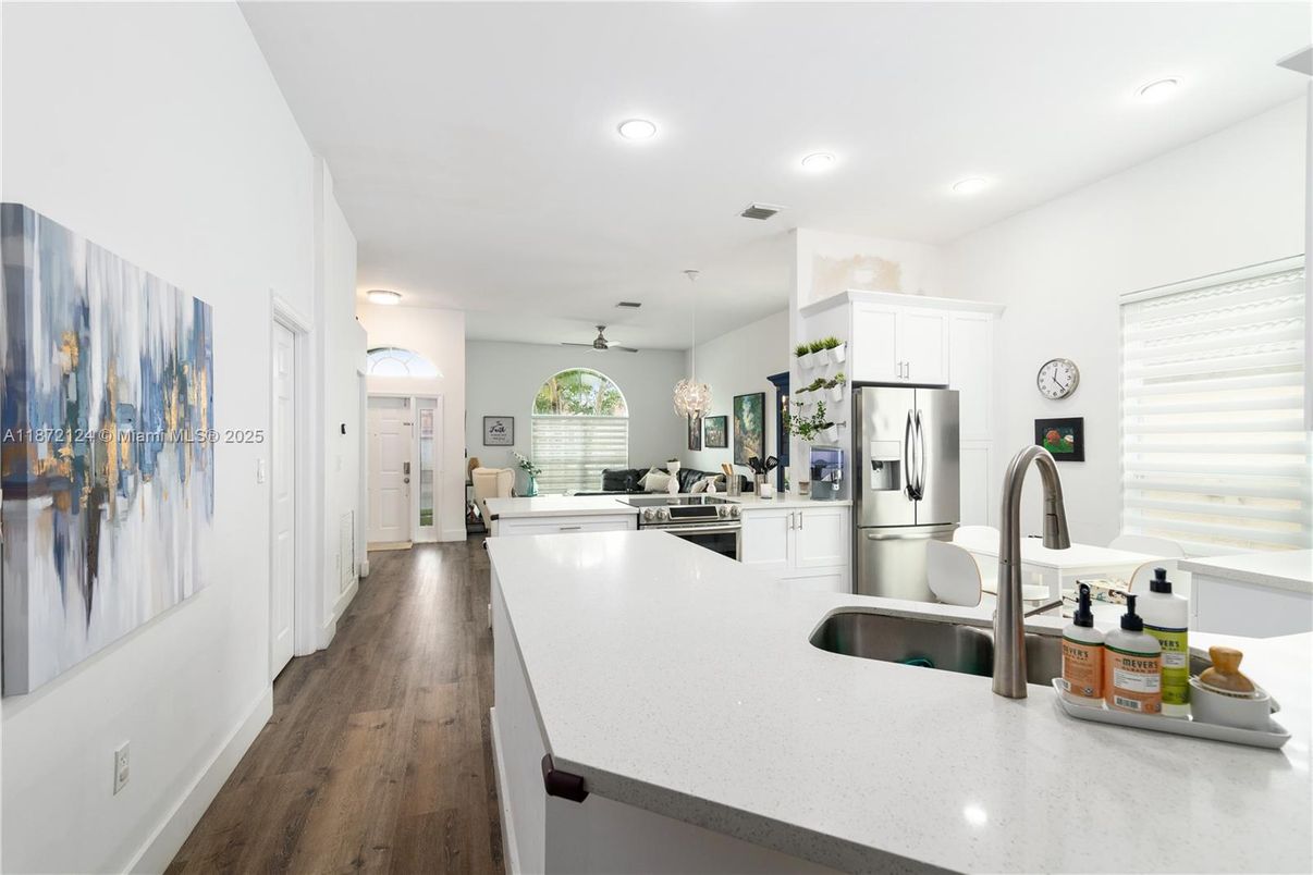 Chandelier, Interior, Kitchen, Recessed Lighting, Stainless Steel Appliances, Wood Texture Flooring