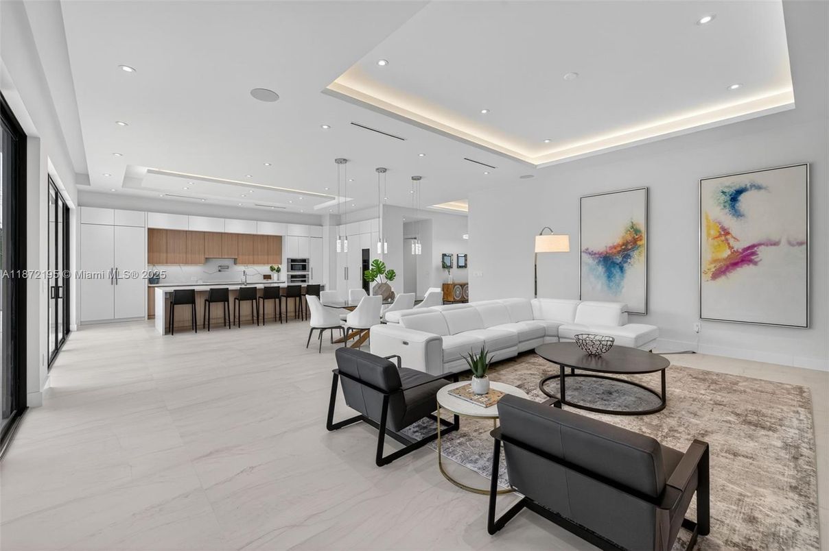 Dining room, Interior, Kitchen, Living room, Marble, Pendant Lights, Recessed Lighting