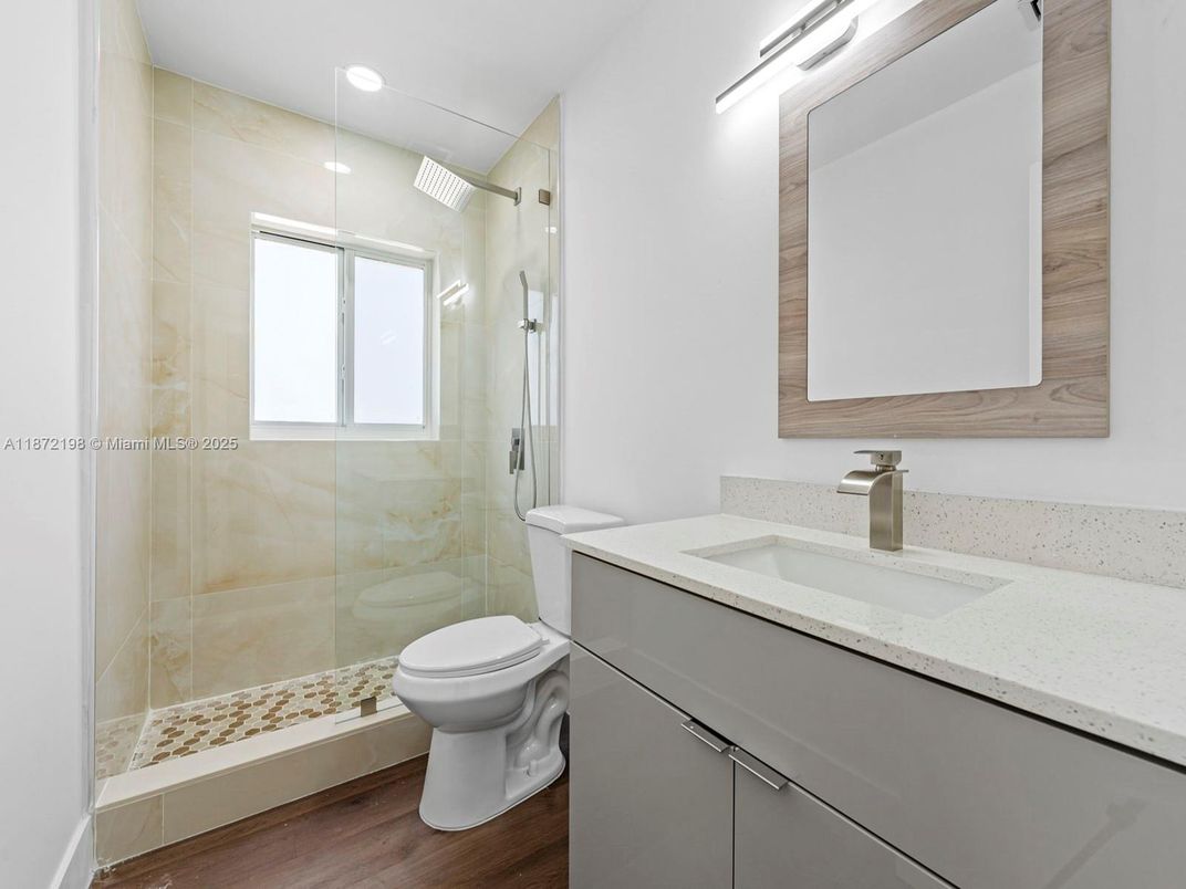 Bathroom, Glass Shower, Interior, Recessed Lighting, Wood Texture Flooring