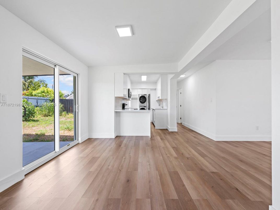 Empty room, Interior, Kitchen, Recessed Lighting, Wood Texture Flooring