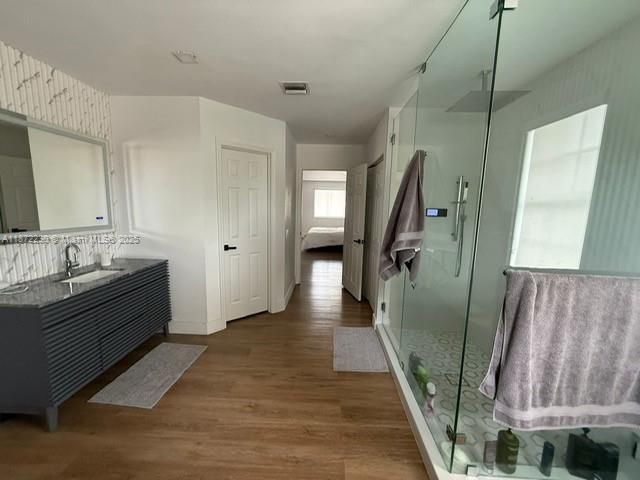 Bathroom, Glass Shower, Interior, Wood Texture Flooring