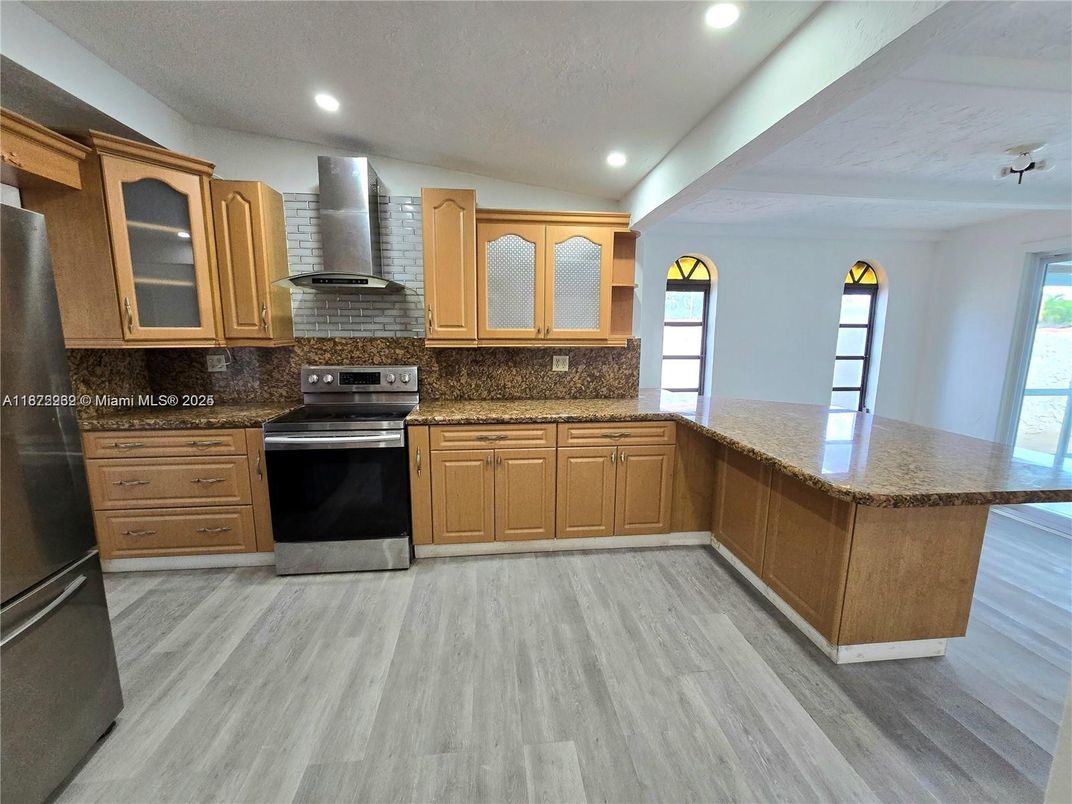 Interior, Kitchen, Recessed Lighting, Stainless Steel Appliances, Wood Texture Flooring