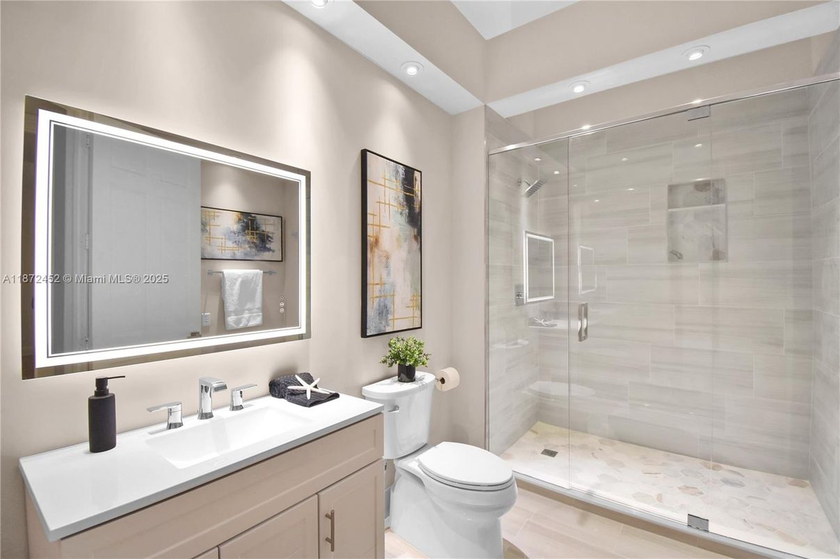 Bathroom, Glass Shower, Interior, Recessed Lighting, Wood Texture Flooring