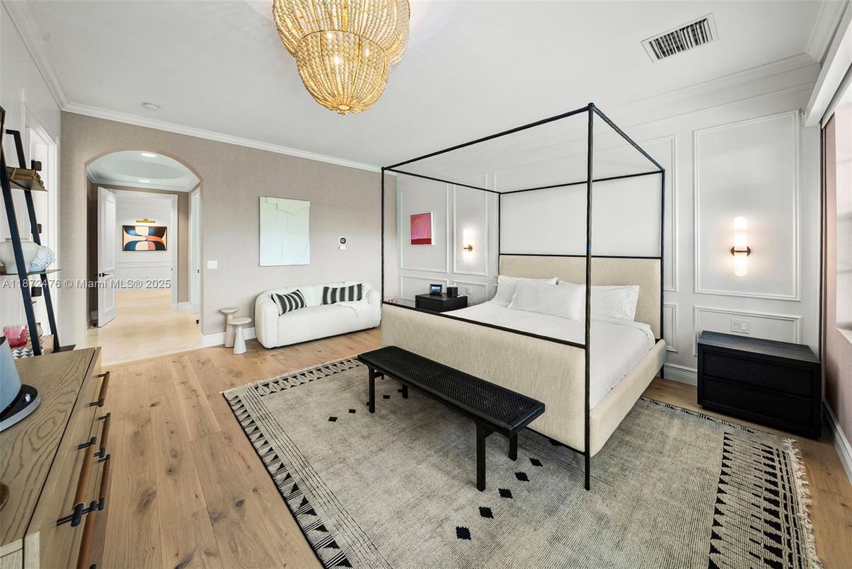 Bedroom, Chandelier, Interior, Wood Texture Flooring