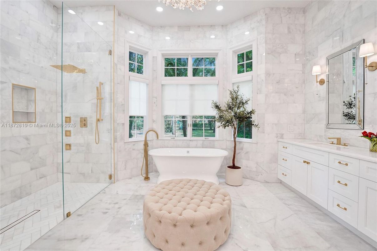Bathroom, Free Standing Baths, Glass Shower, Interior, Marble, Marble Walls, Recessed Lighting