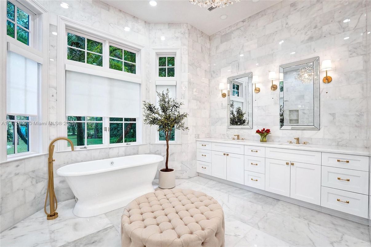 Bathroom, Dual Sink Vanities, Free Standing Baths, Interior, Marble, Marble Walls, Recessed Lighting