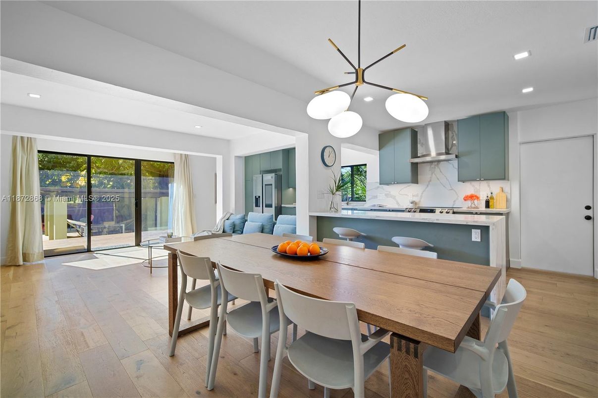 Dining room, Interior, Kitchen, Pendant Lights, Recessed Lighting, Stainless Steel Appliances, Wood Texture Flooring