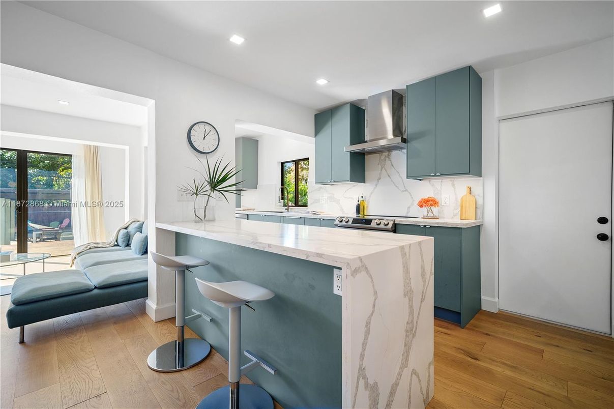 Interior, Kitchen, Marble Walls, Recessed Lighting, Wood Texture Flooring